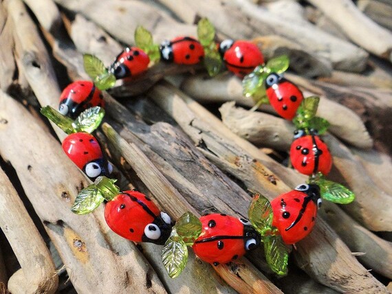 Lampwork Glass Ladybug Leaf Bracelet Leaves Lady Bug Ladybird Lady Bird Ladybeetle Lady Beetle cute Kawaii