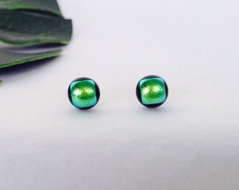 Light Green Dichroic glass stud earrings, on sterling silver - Fused dichroic glass