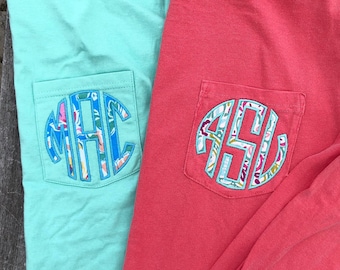 LONG Sleeve Comfort Colors Monogram Pocket Tee, Comfort Colors, monogram pocket tshirt, monogram pocket tee for women