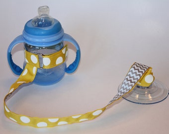 Sippy Cup Leash, Sippy Cup Strap, Suction Sippy Strap, New Baby Gift, Christmas Gift - Yellow Dots Chevron