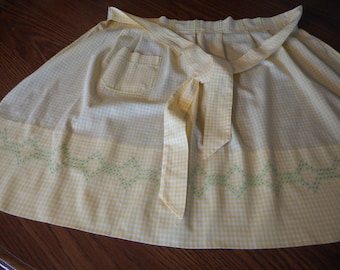 Vintage, Handmade Yellow Gingham Apron with Chicken Scratch Embroidery