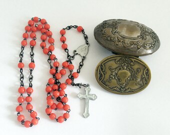 Vintage French Red Rosary Catholic Beads Prayer Beads with Box in Louis XV decor