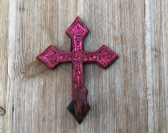 Rustic Chic Cross Hook, French Country Neon Pink Cross, Fleur De Lis Cast Iron Cross, Coat Hook