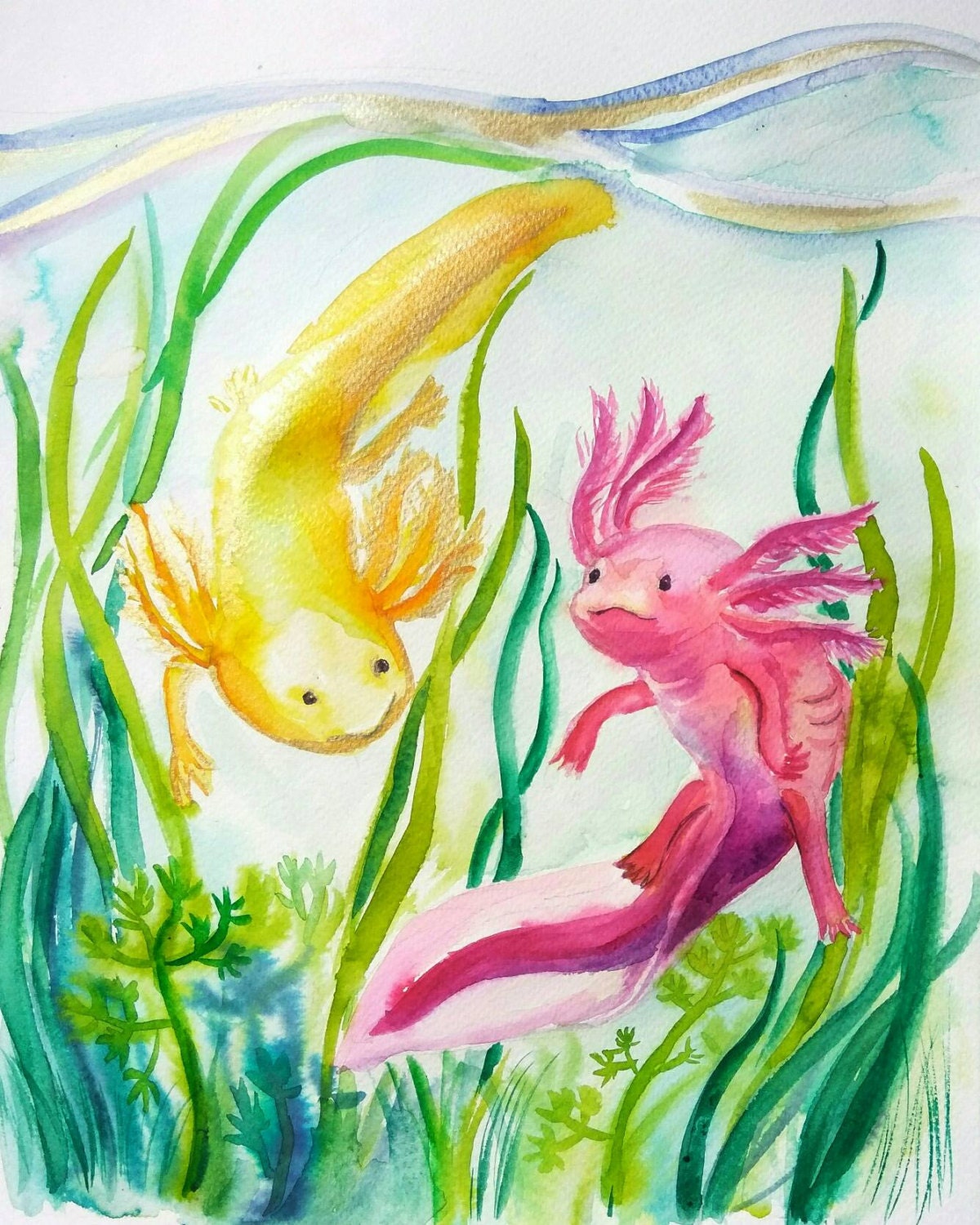 Two Baby Axolotls Original Watercolor Painting Nursery Wall