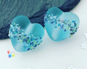 Lampwork Beads Seaglass Blue Batik Heart, glass hearts, handmade, sea glass, frosted, matt, glass hearts