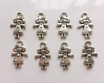 Doll charms x 8, Silver tone charms, Tibetan silver charms, Silver tone Doll charms, Double sided charms, Double sided doll charms
