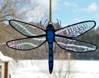 Stained Glass Dragonfly Suncatcher Blue/Dichroic