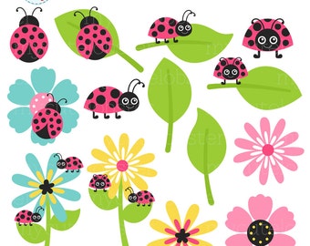 Pink Ladybugs Clipart Set - clip art set of ladybirds, ladybug, flowers, insect, bugs - personal use, small commercial use, instant download