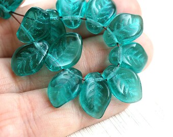 Teal leaf beads, czech glass, curved leaves, pressed glass beads - 14x9mm - 12Pc - 0408