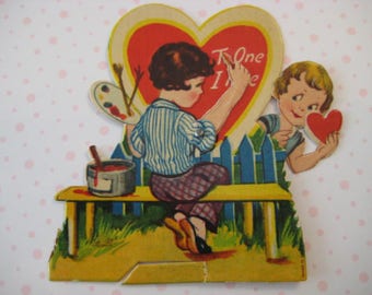 Vintage Valentine's Day Card / Artist / Painting / Young Lovers / 1930's Ephemera / Mechanical / Die Cut / Lithograph