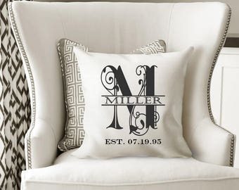 Monogrammed Old English last name Initial cream cotton or beige striped canvas Custom throw Pillow cover Housewarming Wedding Anniversary