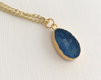 Navy Blue Druzzy Oval Geode Gold Necklace