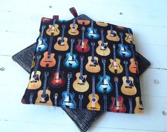 Guitar Fabric Potholders With Gray on Reverse Side