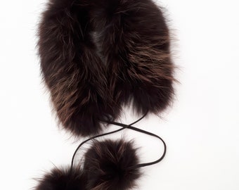 Brown fur Collar. Raccoon fur COLLAR with pompoms. Baby collar with pompoms.