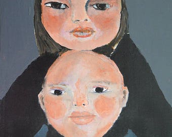 Mothers Day Gift Ideas. Mother and Baby Boy Acrylic Portrait Painting. Mixed Media Collage Art. Family Painting. Home Wall Decor