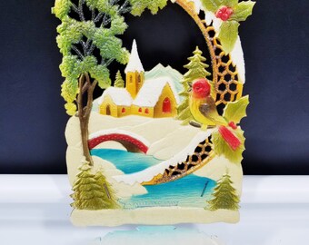 Alpine Village Church Christmas 1950s Vintage German Die Cut Embossed Sign Calendar Top Numbered Marked Large 16 by 16