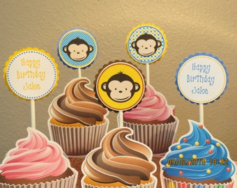 Boy Mod Monkey Cupcake Toppers (Set of 12)