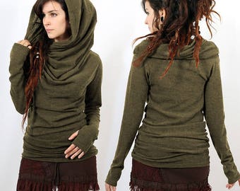 Mid Season PULLOVER Bohemian, Elf, Fairy, Boho, Gypsy, Hippy for Women, Alternative Clothing, passage of thumbs, plunging neckline, hood