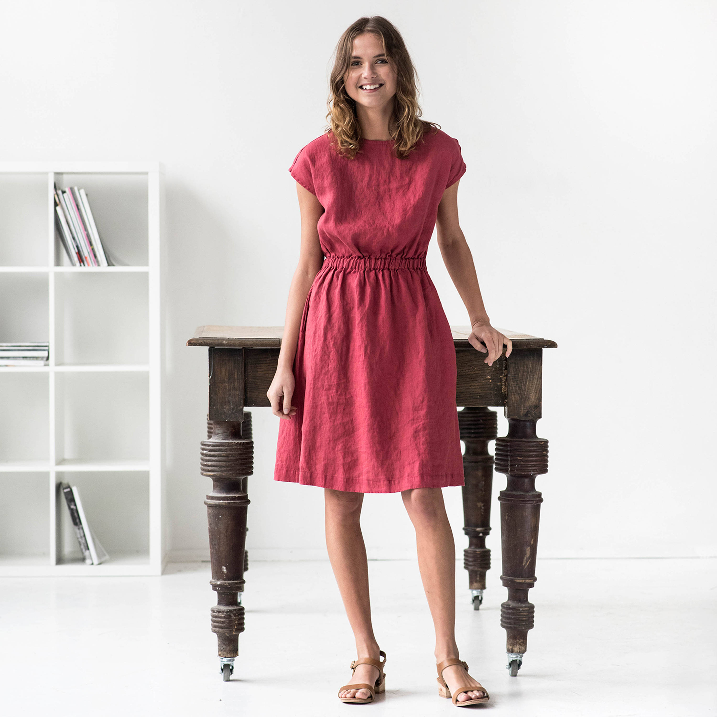 Basic linen dress with elastic waistband / Washed linen dress