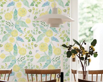 Spring Garden Flowers Yellow Peel & Stick Fabric Wallpaper Repositionable