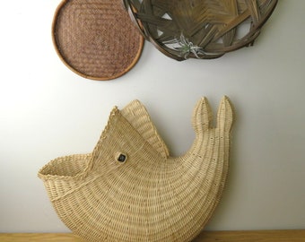 Vintage Structured Wicker Fish Opened Mouth Basket Decor