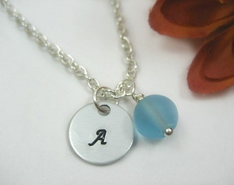 Seaglass Bridesmaid Necklace. Aqua Sea Glass Jewelry. Beach Wedding. Bridesmaids Personalized. Sea Glass. Initial.Flower Girl