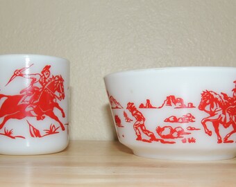 Hazel Atlas Cowboy and Indians Kiddie Mug and Bowl Set