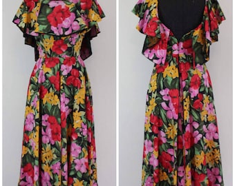 Vintage 1970s Floral Midi Dress - 70s 80s Ruffle Midi Maxi Flowy Dress- Size XXS, XS, Extra Small
