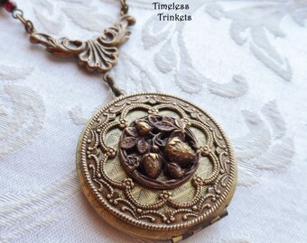 Strawberry Garden, Antique Button, Locket Necklace, Czech Glass Beads, Wine, Aubergine, Antique Brass, Timeless Trinkets,One of A Kind