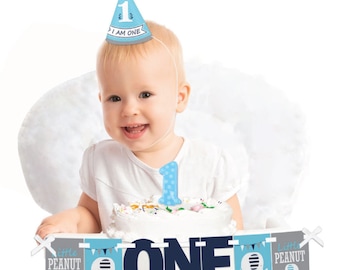 Blue Elephant - 1st Birthday Boy Smash Cake Decoration Kit - Boy Elephant High Chair Banner - Printed on Heavy Cardstock