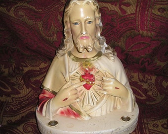 Vintage Devotional Jesus/Christ Sacred Heart Religious Home Altar Old Christian Prayer Icon/Candle Holder