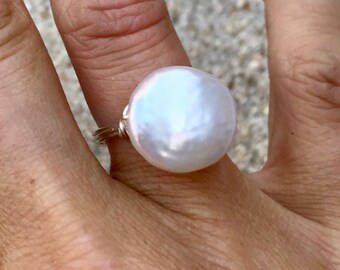 Freshwater Coin Pearl Ring on Sterling