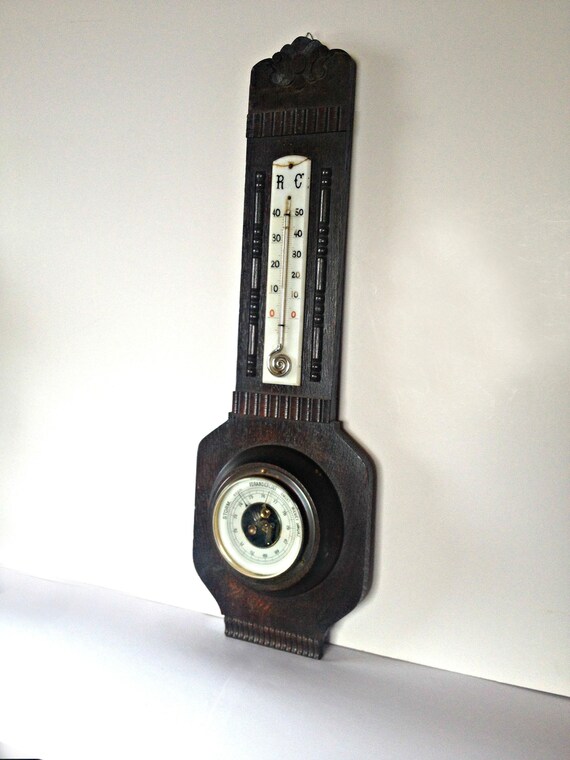 Antique German Carved Wood Art Deco Weather Station Barometer Antique German Carved Wood Art Deco Weather Station Barometer Wooden Thermometer Forecast Device Wall Decor