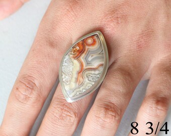 Crazy lace agate and sterling silver ring, size 8 3/4, #649.