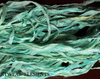 Shabby Chic Pure Sari Silk, Aqua Blue Mix, Fair Trade, 6 Yards, Textile Fiber, Bracelet Ribbon, Silk Ribbon, ArtWear Elements 124b