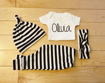 Gender Neutral Coming Home Outfit / Baby Girl / Baby Boy / Black White Stripes / Knot Hat / Headband