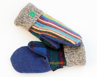 Blue Striped Wool Sweater Mittens for Women by Sweaty Mitts Handmade in Wisconsin Upcycled Recycled yellow green red Plaid Fleece Lined Gift