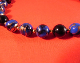 Vintage Bead Necklace Gold Tone Spacers Blue& Black Swirl Design Gold on Beads