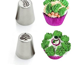 2 pc FROSTING TIP SET Christmas Tree and Leaf Large Tips For Cupcakes