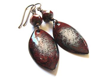 Red enamel leaf earrings Rustic wine red dangles Colorful copper enameled jewelry Niobium earrings Bohemian jewelry