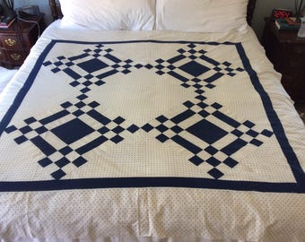 Vintage (1940's-1950's)navy and white polka dots quilt top. So simple, clean and perfect!