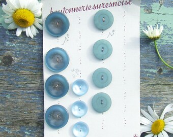 Vintage French Buttons 11 Teal Blue on Card Boutonnerie Suresnoise, Blue Buttons three types