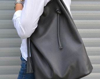 Very Capacious Genuine Leather Broad Shopper, Minimalistic Style Raw Finish Leather Tote For Women, Hobo, Dark Grey Leather Bag, Huge Tote