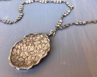Victorian Sterling Locket Necklace Repousse Grape Leaves Reliquary Locket English Hallmarks George Unite Antique Fine Jewelry Gift for Her