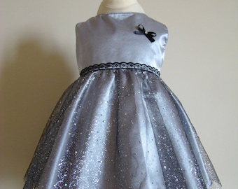 Dress baby girl silver grey satin and black tulle with silver glitter