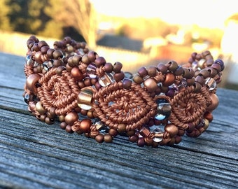 SALE Micro-Macrame Beaded Cuff Bracelet - Copper