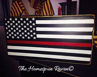Thin Red Line Primitive Flag Firefighter Firefighting Wood Sign Plaque