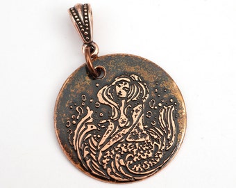 Etched copper mermaid pendant, round flat copper etched jewelry, 28mm