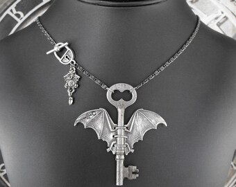 FEATURED in ACF MAGAZINE Silver Bat Winged Key Necklace - Deluxe Nocturnal Flight of the Time Key by COGnitive Creations