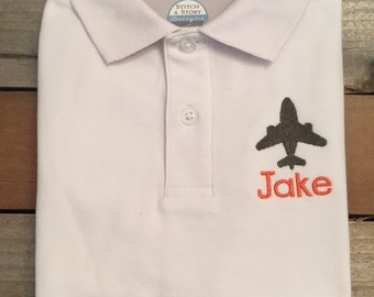 Boy polo shirt, airplane polo shirt, airplane with name polo shirt, placket shirt with airplane, polo shirt, SSD-48